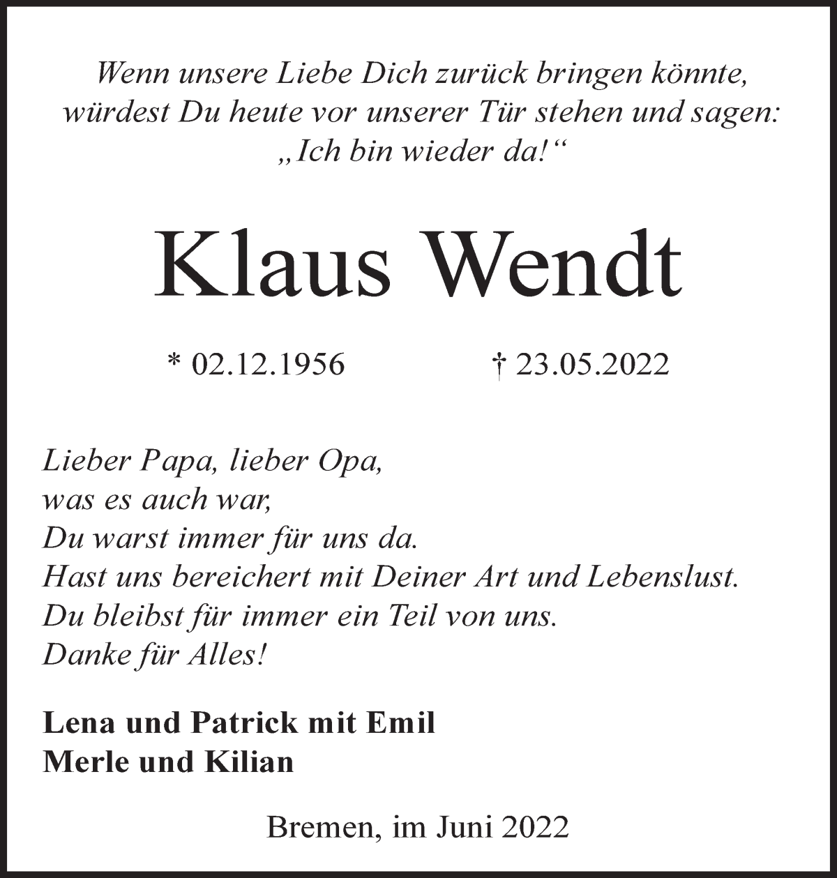 Traueranzeige von Klaus Wendt von WESER-KURIER