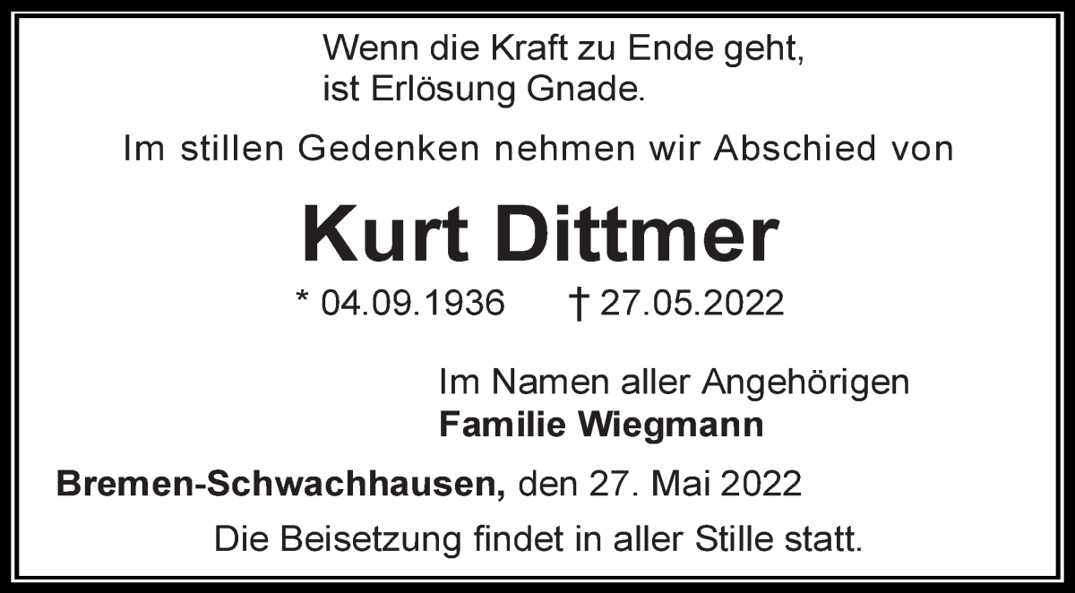 Traueranzeige von Kurt Dittmer von WESER-KURIER