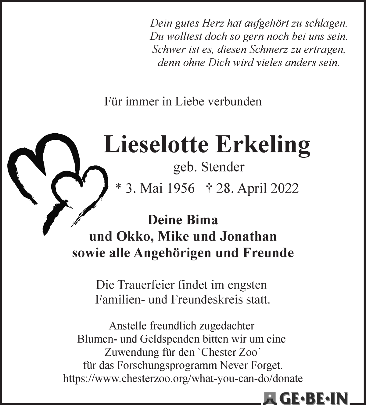Traueranzeige von Lieselotte Erkeling von WESER-KURIER