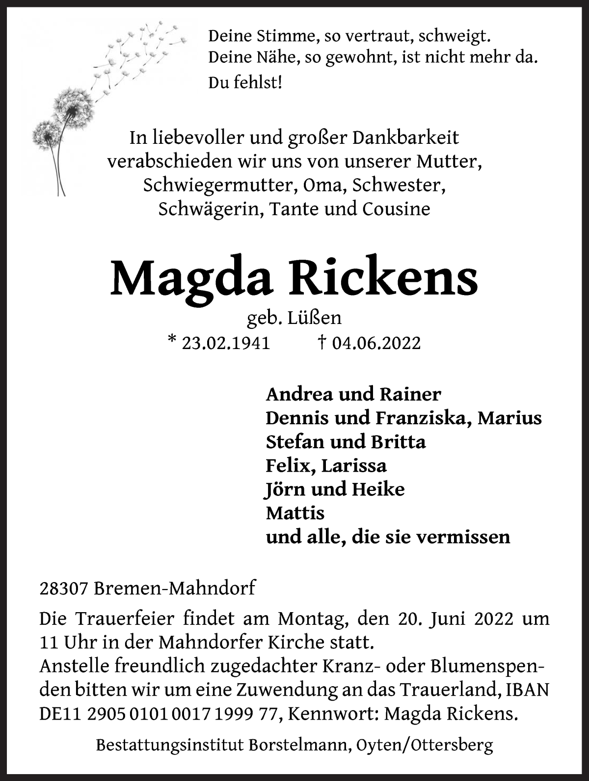 Traueranzeige von Magda Rickens von WESER-KURIER
