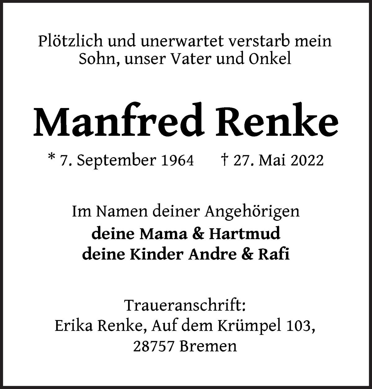 Traueranzeige von Manfred Renke von Die Norddeutsche
