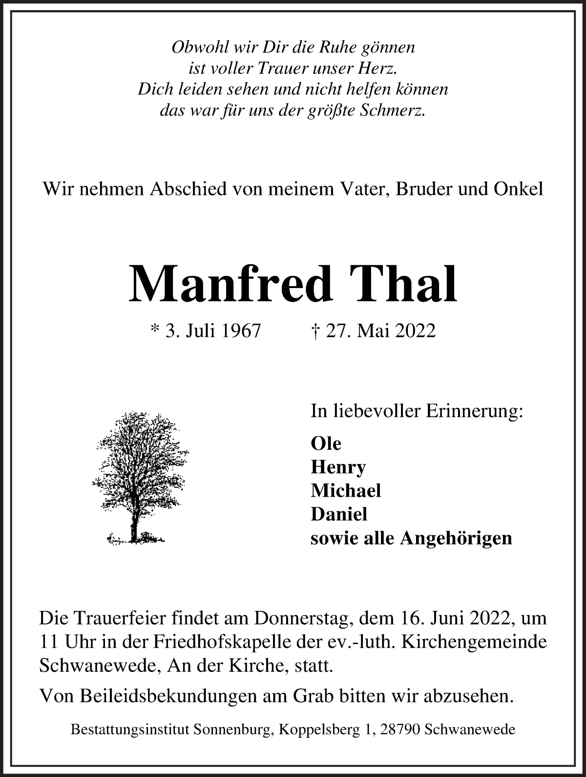 Traueranzeige von Manfred Thal von Die Norddeutsche