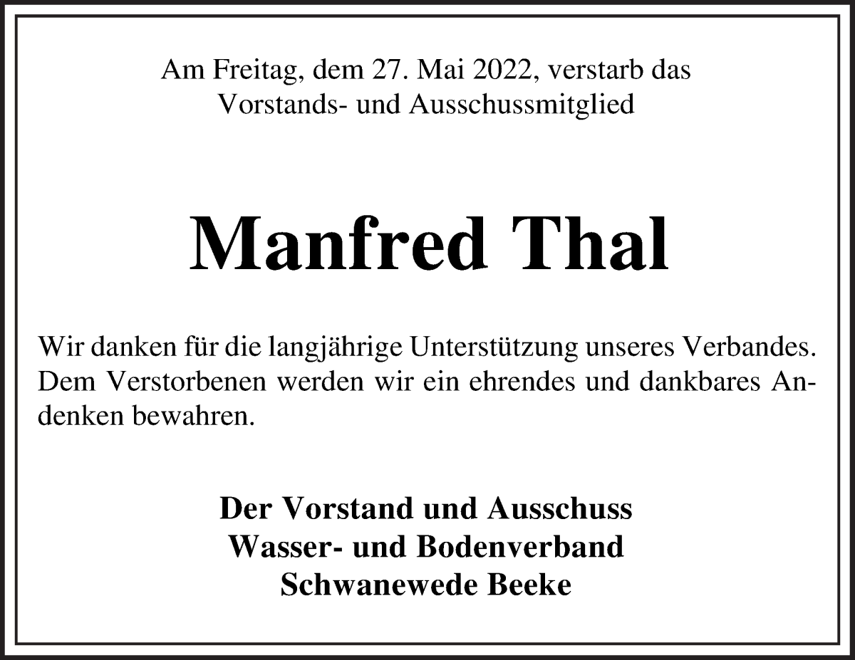 Traueranzeige von Manfred Thal von Die Norddeutsche