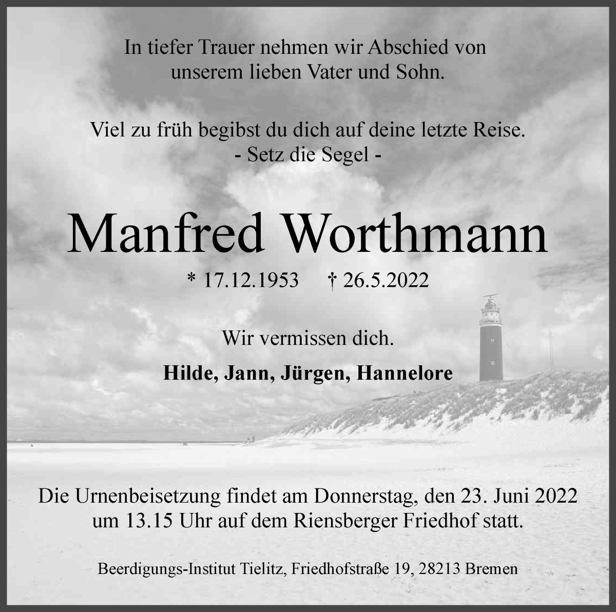Traueranzeige von Manfred Worthmann von WESER-KURIER
