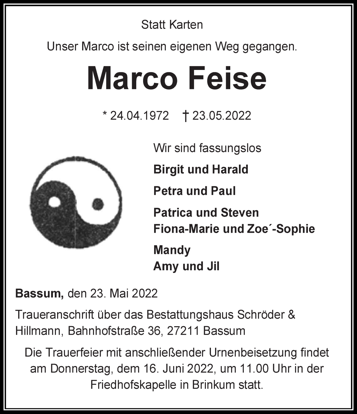 Traueranzeige von Marco Feise von WESER-KURIER