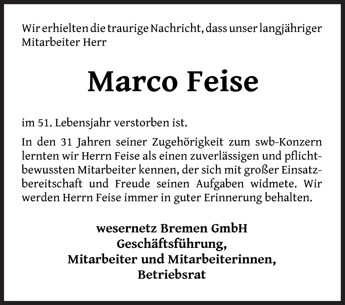 Traueranzeige von Marco Feise von WESER-KURIER