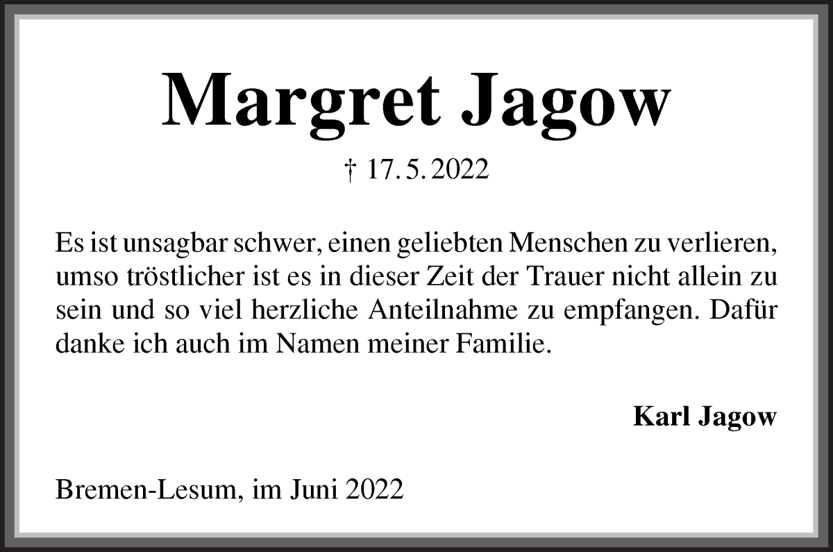 Traueranzeige von Margret Jagow von Die Norddeutsche