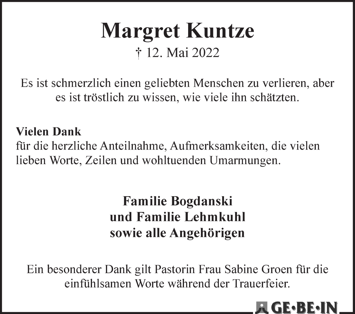 Traueranzeige von Margret Kuntze von WESER-KURIER