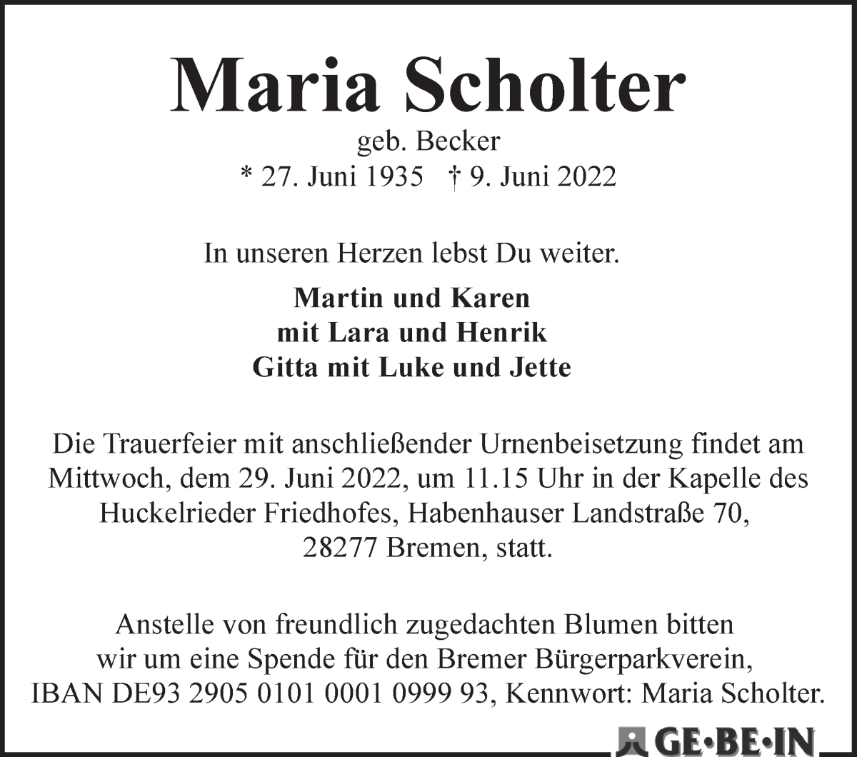 Traueranzeige von Maria Scholter von WESER-KURIER