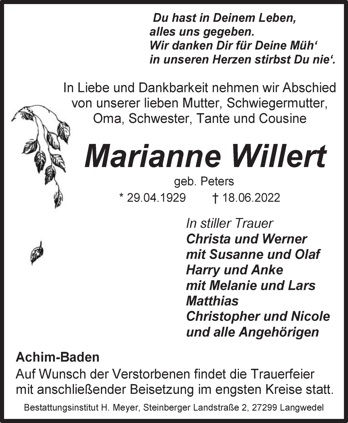 Traueranzeige von Marianne Willert von WESER-KURIER