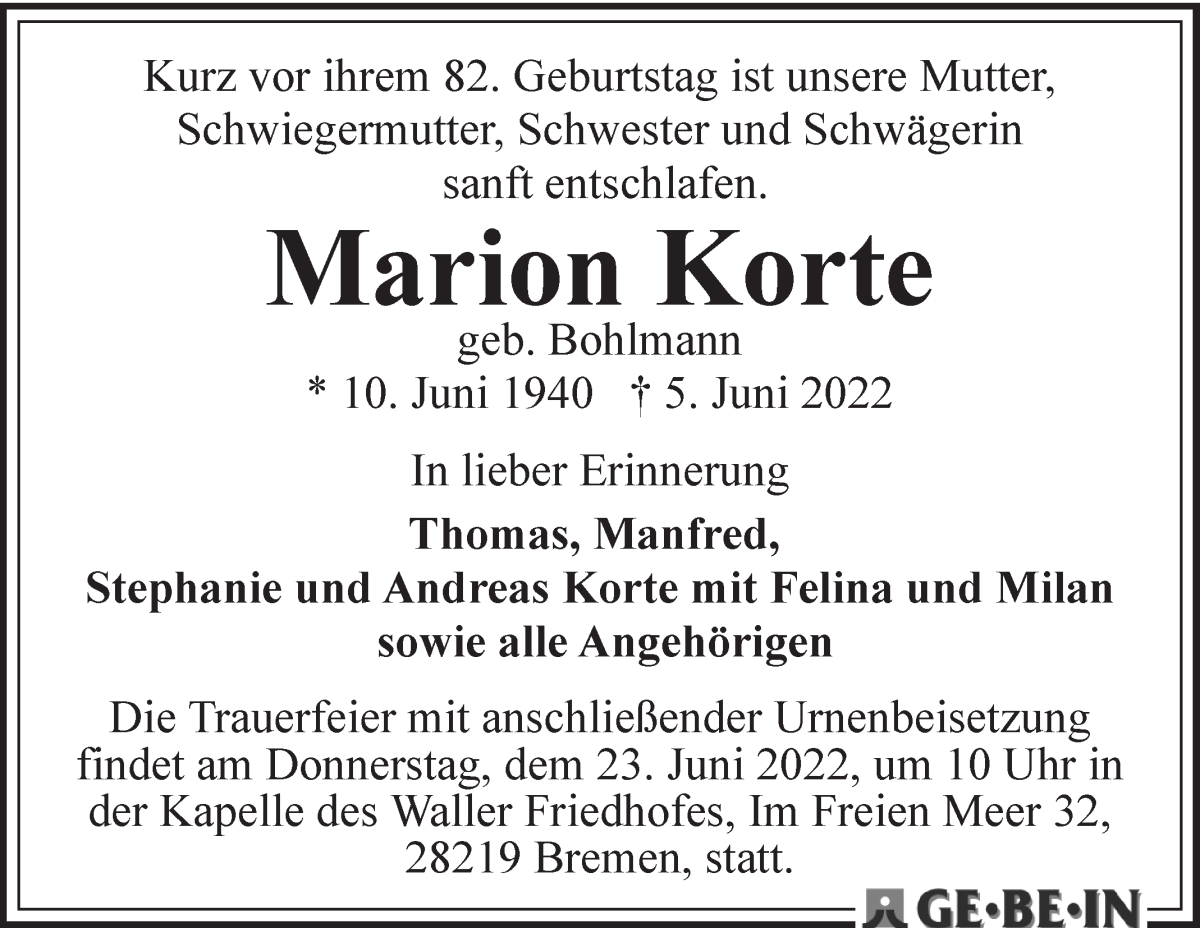 Traueranzeige von Marion Korte von WESER-KURIER