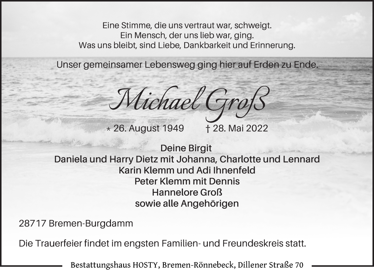 Traueranzeige von Michael Groß von Die Norddeutsche