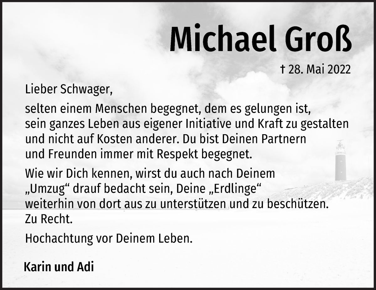 Traueranzeige von Michael Groß von Die Norddeutsche