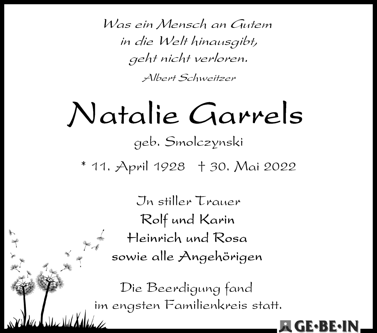 Traueranzeige von Natalie Garrels von WESER-KURIER