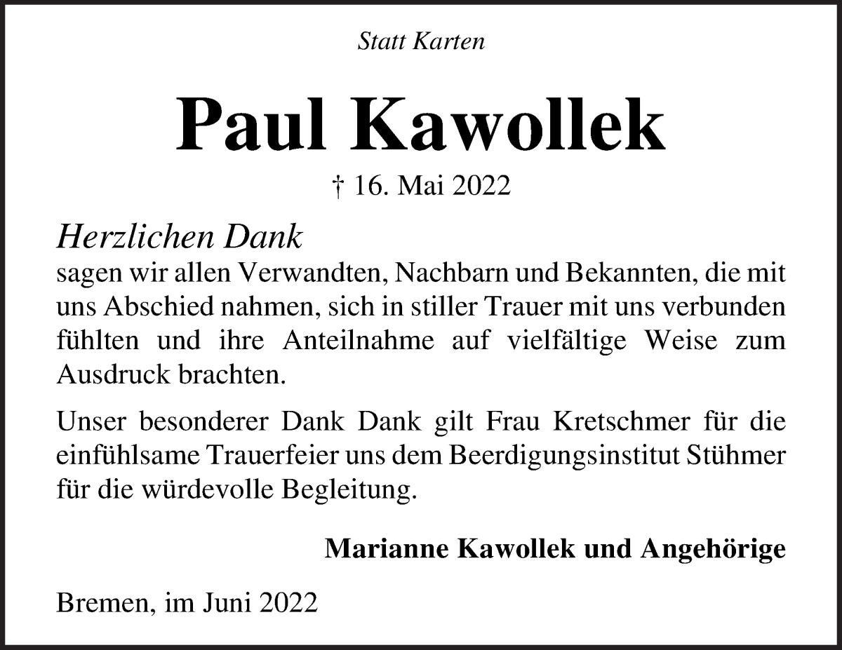 Traueranzeige von Paul Kawollek von Die Norddeutsche