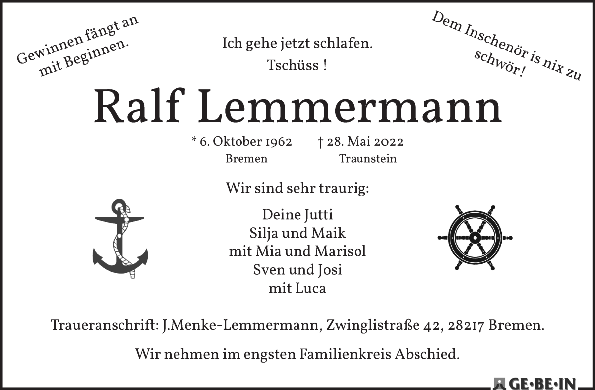 Traueranzeige von Ralf Lemmermann von WESER-KURIER