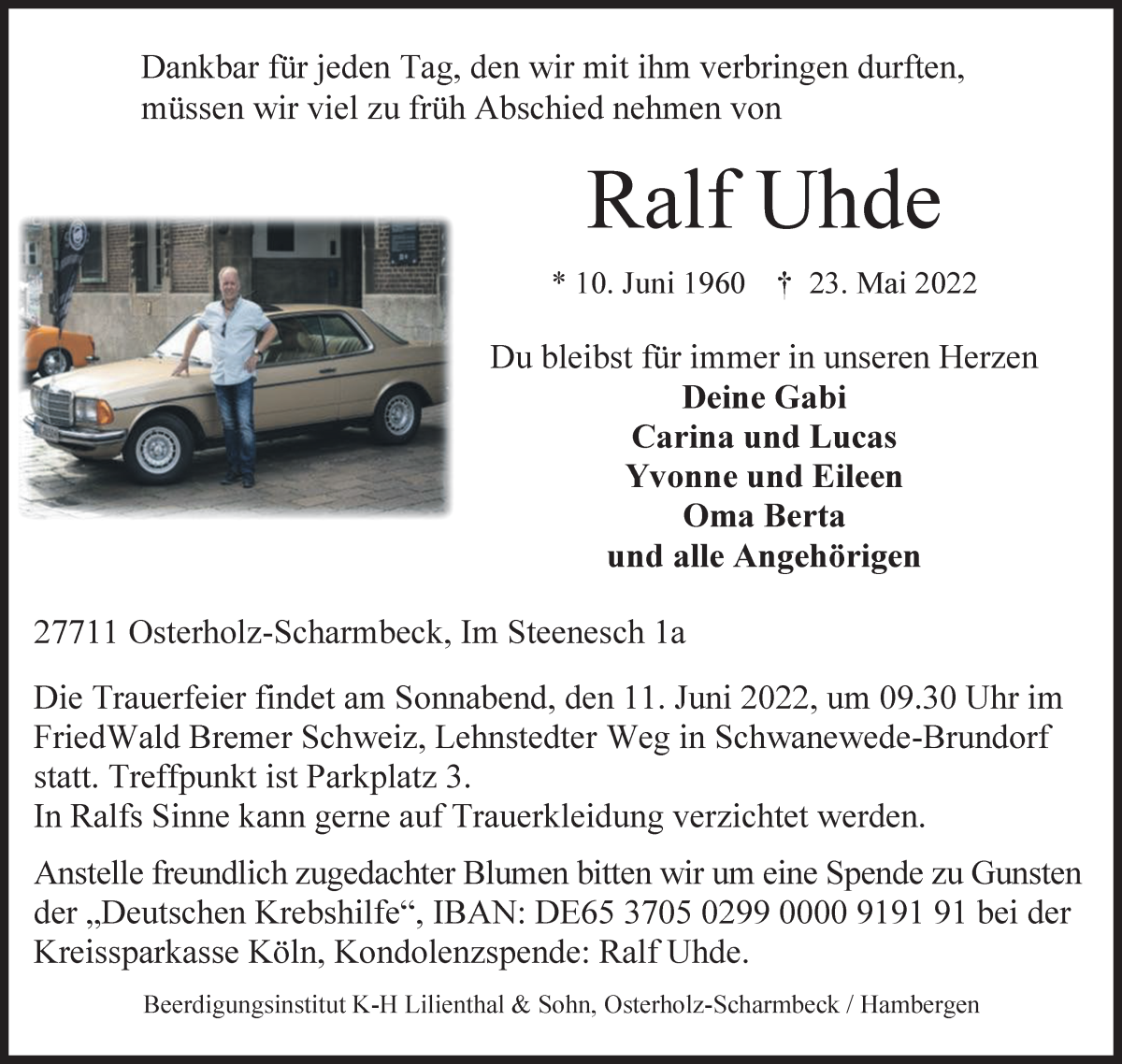 Traueranzeige von Ralf Uhde von Osterholzer Kreisblatt