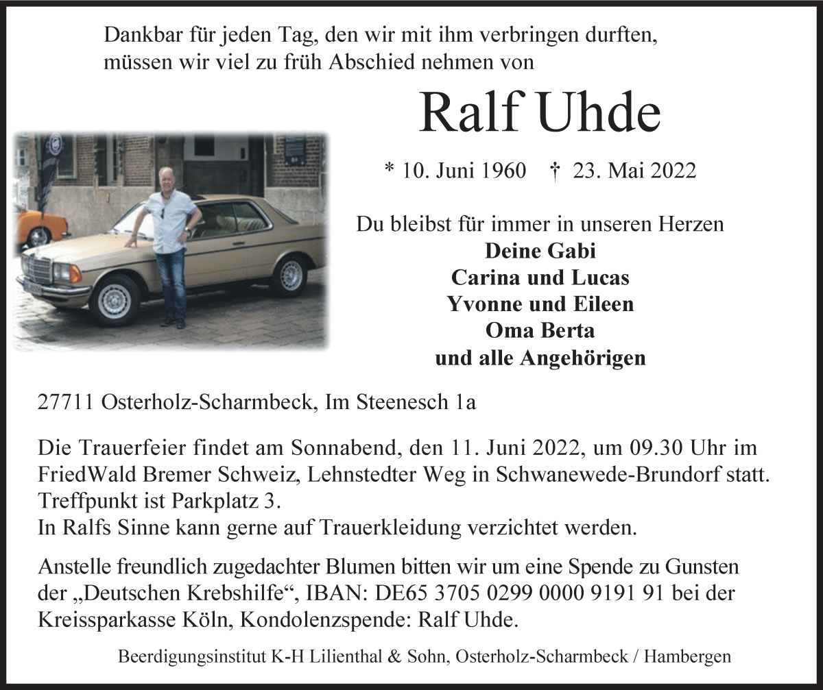 Traueranzeige von Ralf Uhde von WESER-KURIER