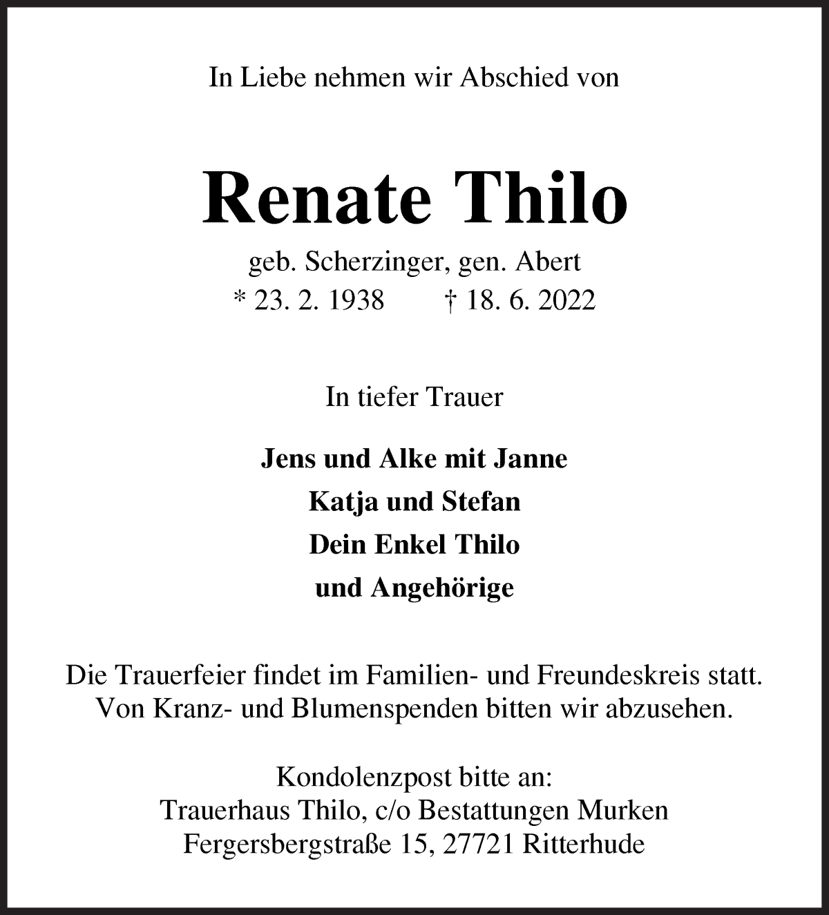 Traueranzeige von Renate Thilo von WESER-KURIER