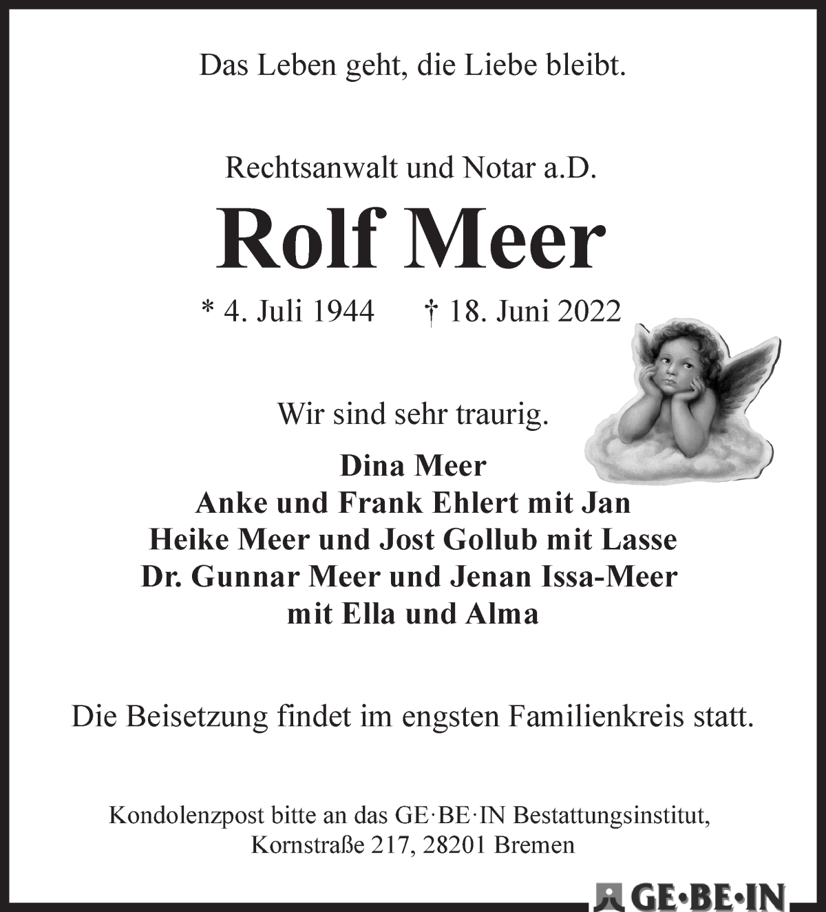 Traueranzeige von Rolf Meer von WESER-KURIER