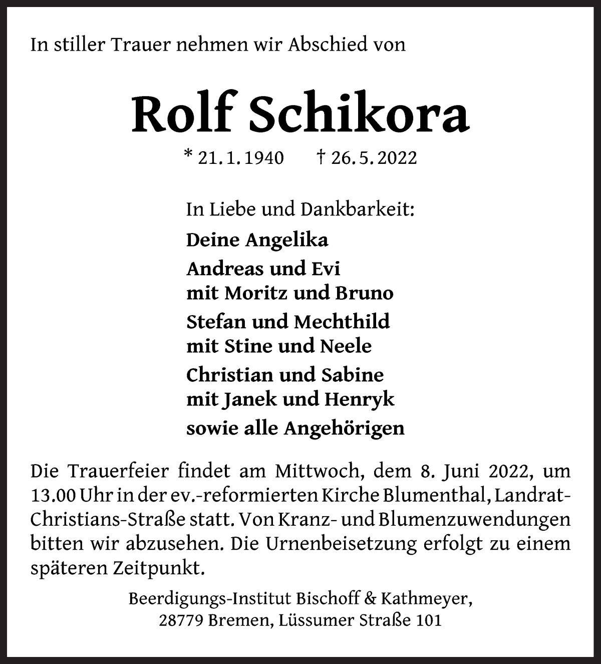 Traueranzeige von Rolf Schikora von Die Norddeutsche