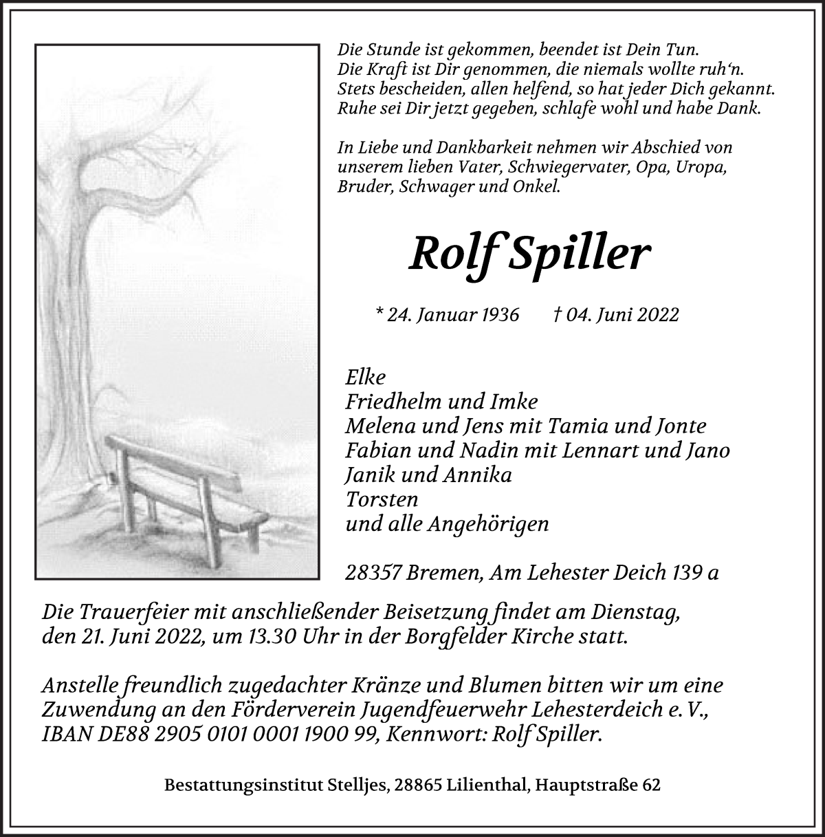 Traueranzeige von Rolf Spiller von Wuemme Zeitung