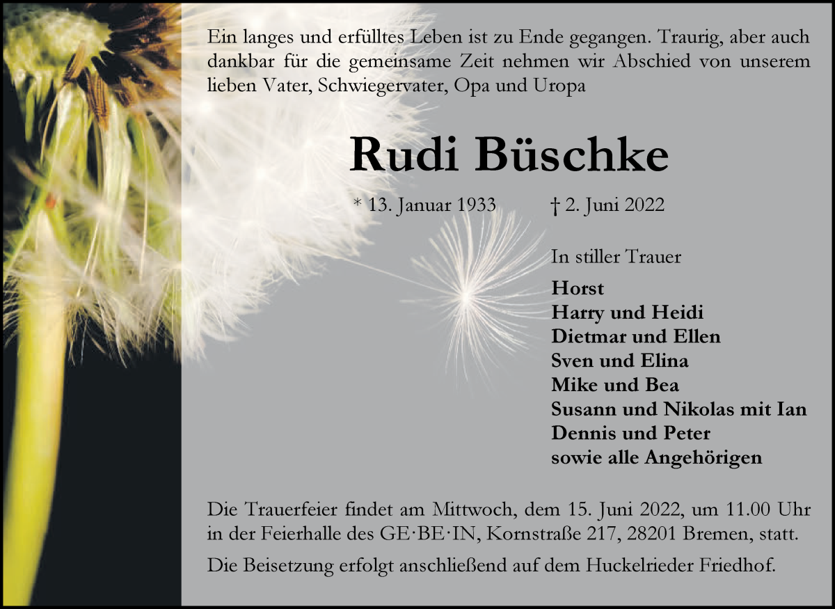 Traueranzeige von Rudi Büschke von WESER-KURIER