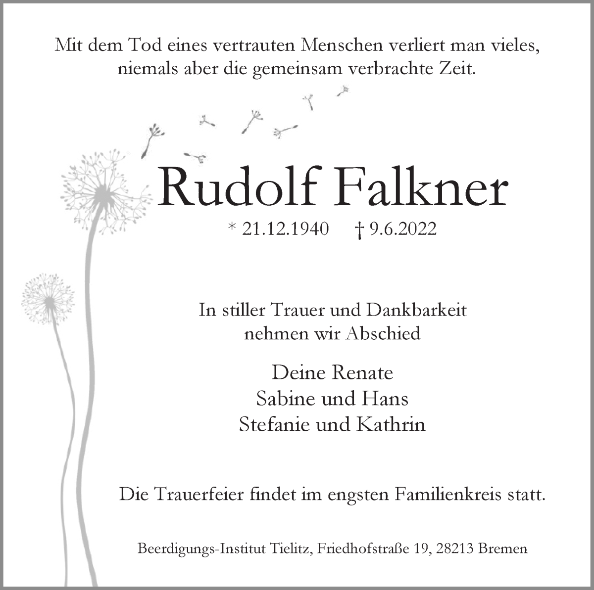 Traueranzeige von Rudolf Falkner von WESER-KURIER