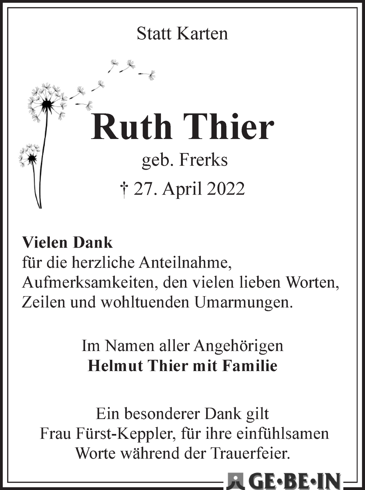 Traueranzeige von Ruth Thier von WESER-KURIER