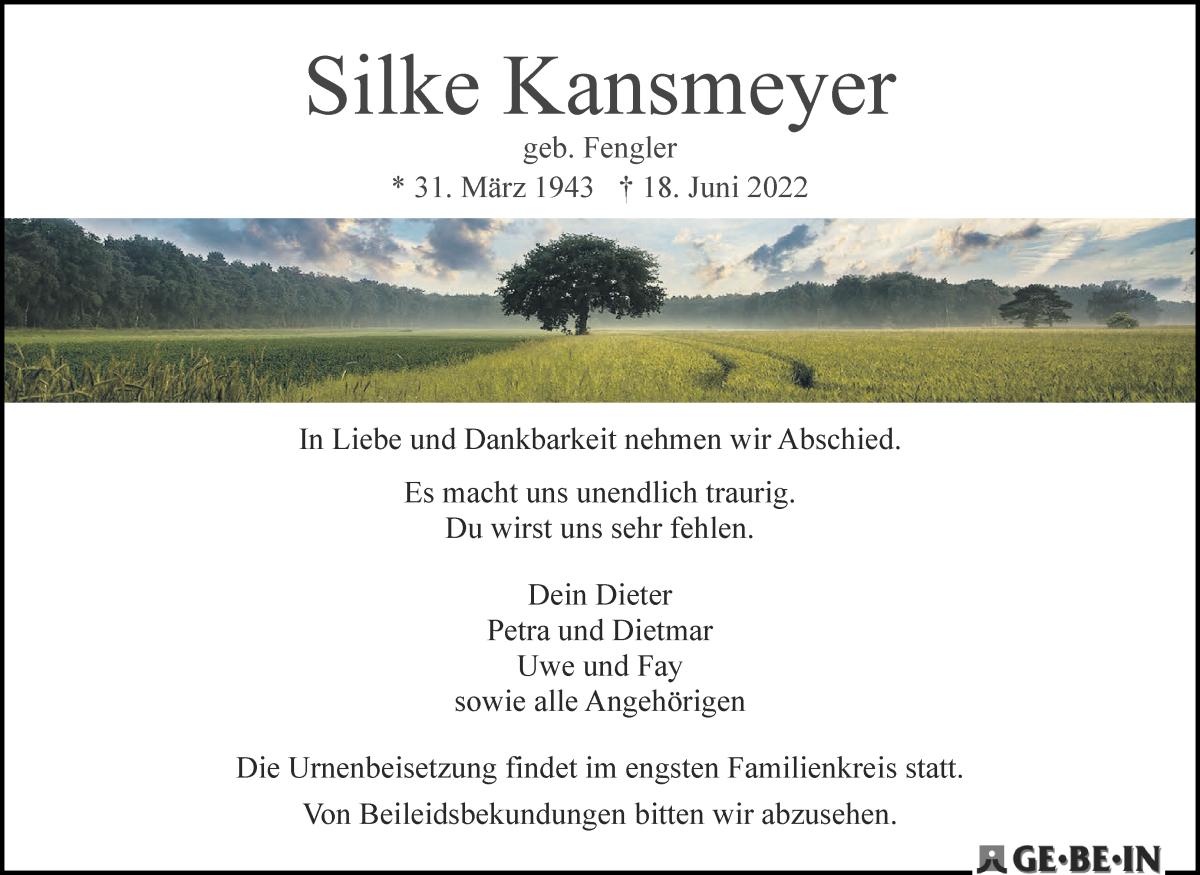 Traueranzeige von Silke Kansmeyer von WESER-KURIER