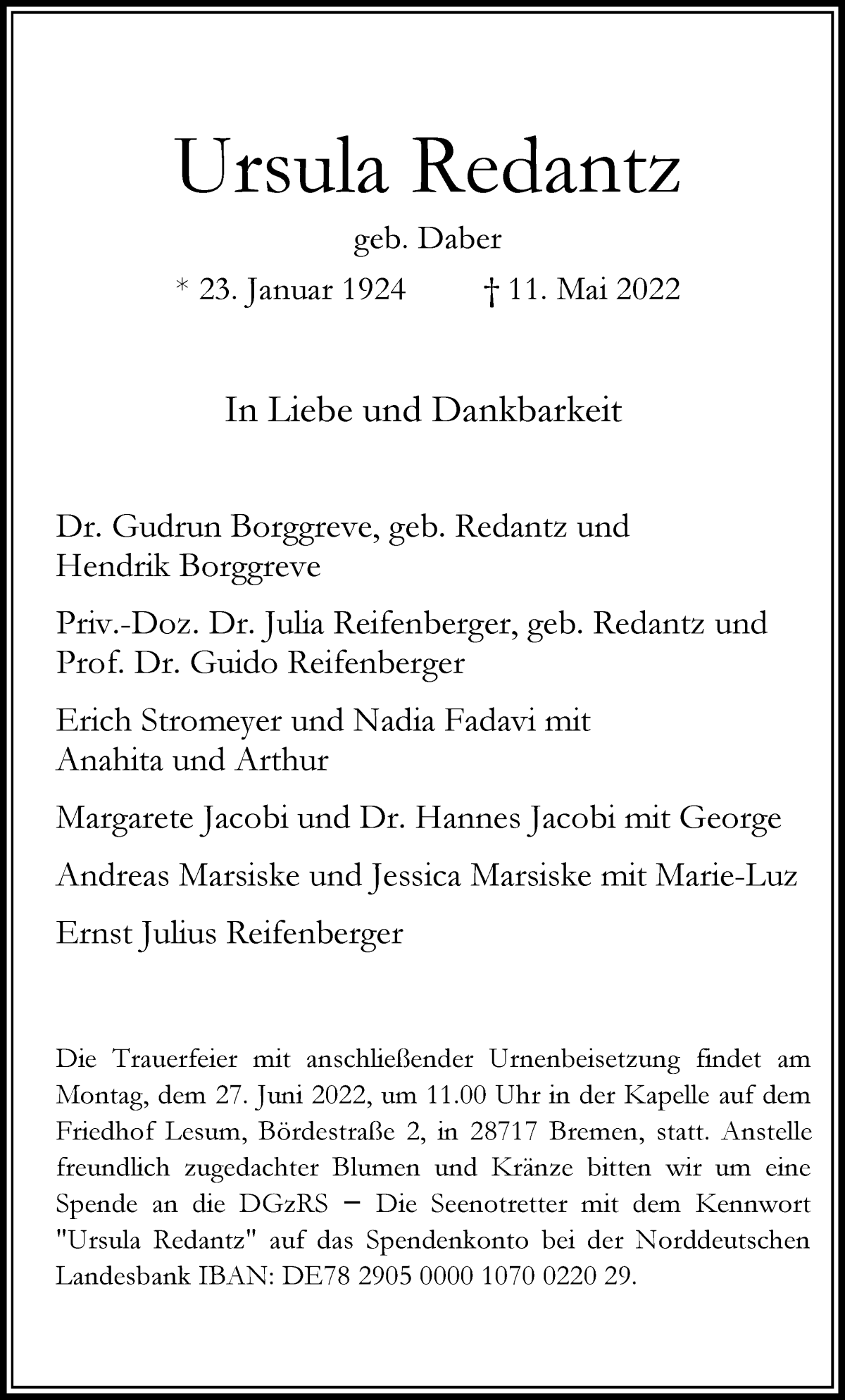 Traueranzeige von Ursula Redantz von Die Norddeutsche