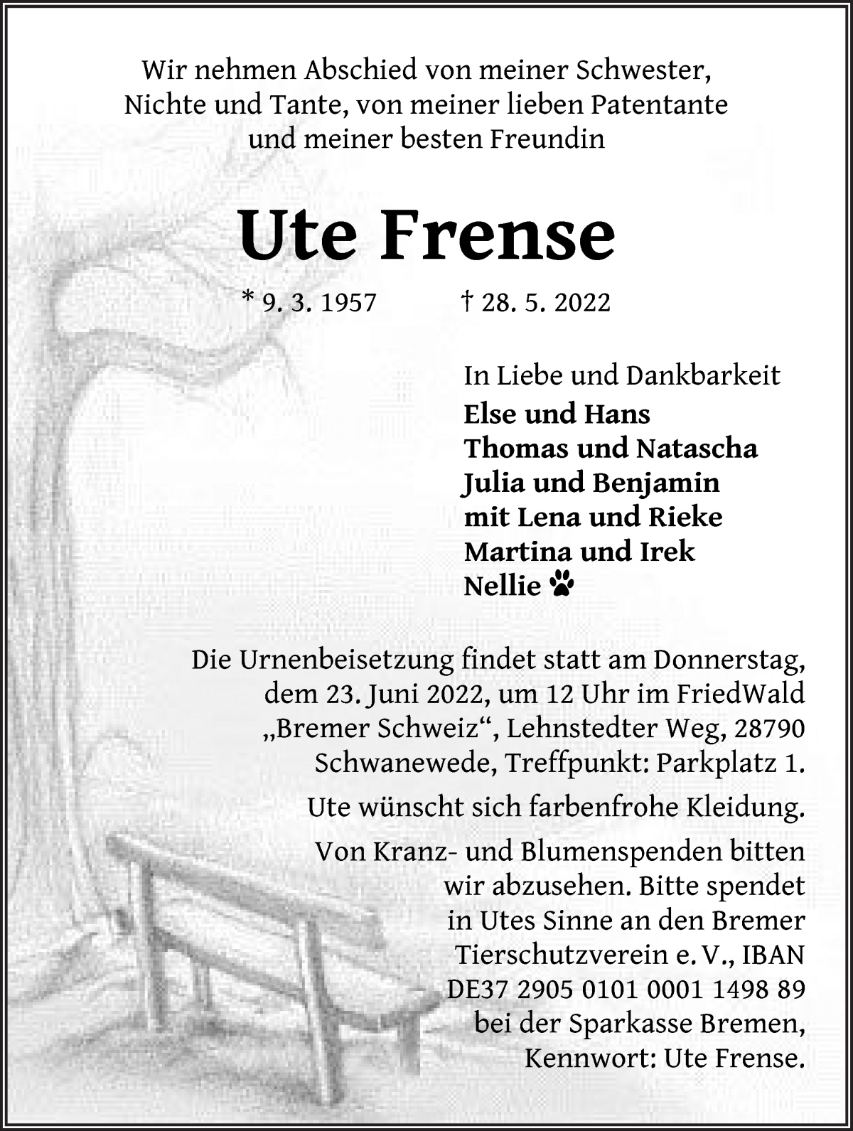 Traueranzeige von Ute Frense von WESER-KURIER
