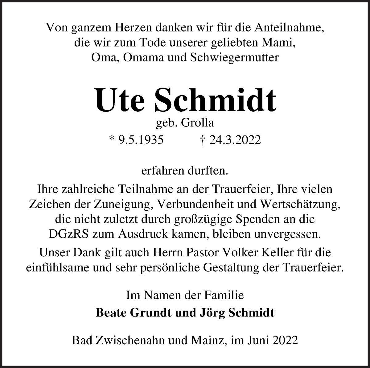 Traueranzeige von Ute Schmidt von Die Norddeutsche