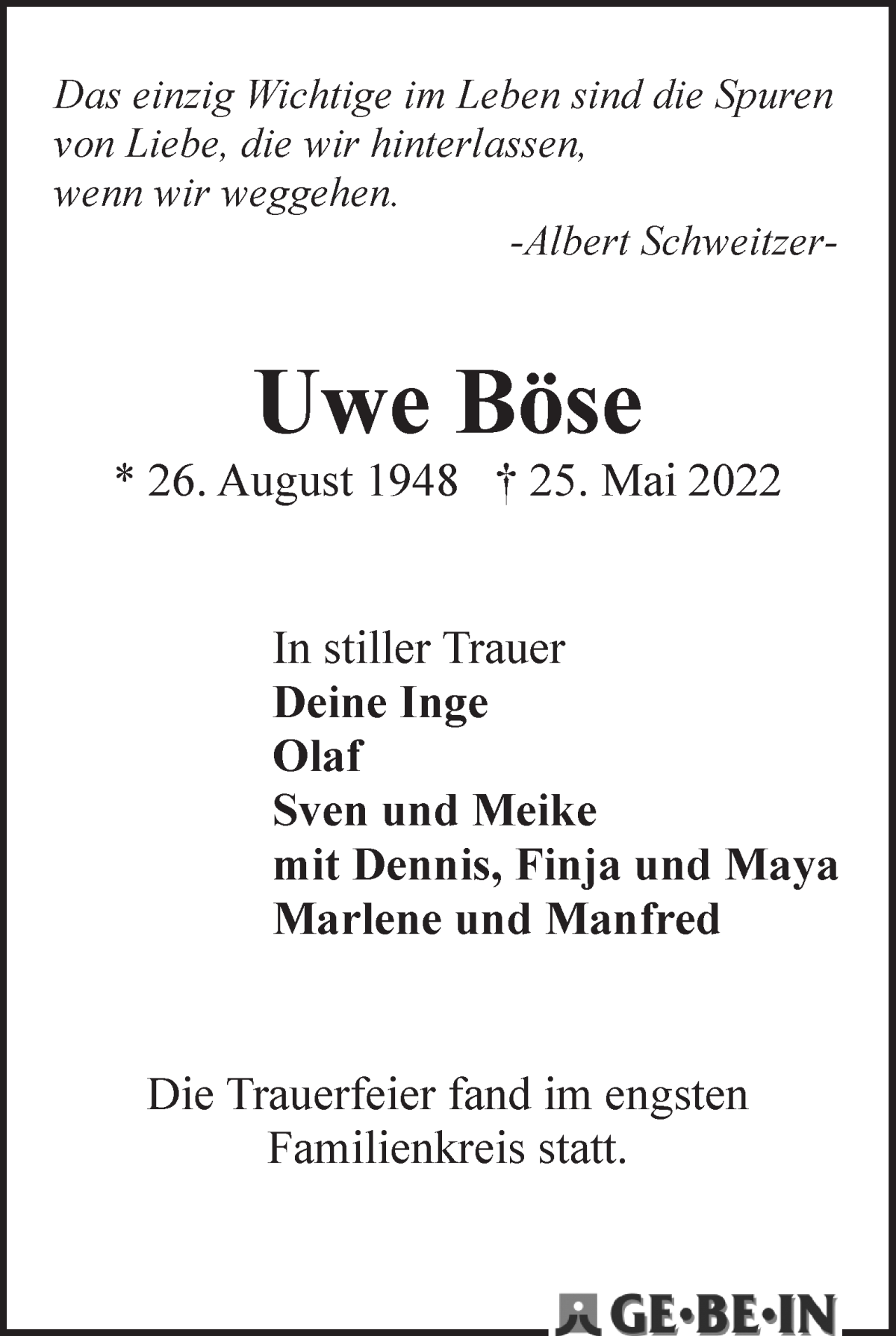 Traueranzeige von Uwe Böse von WESER-KURIER