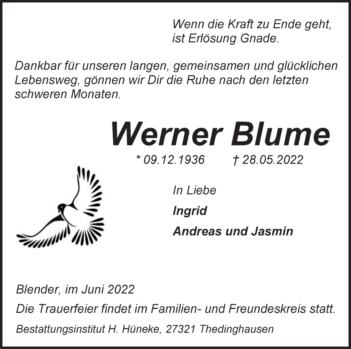 Traueranzeige von Werner Blume von Achimer Kurier/Verdener Nachrichten