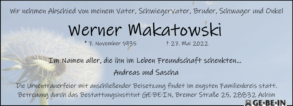 Traueranzeige von Werner Makatowski von WESER-KURIER