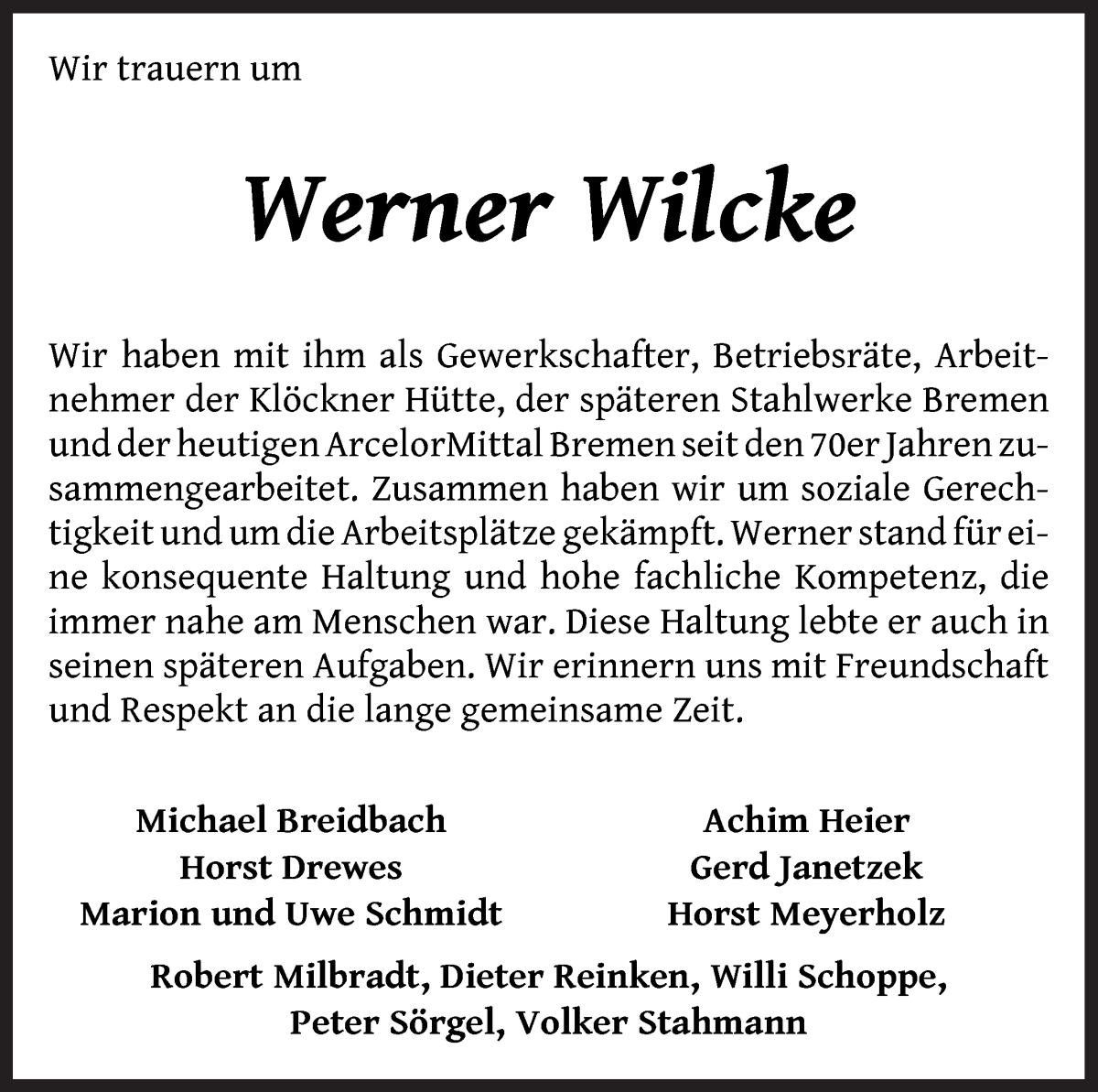 Traueranzeige von Werner Wilcke von WESER-KURIER