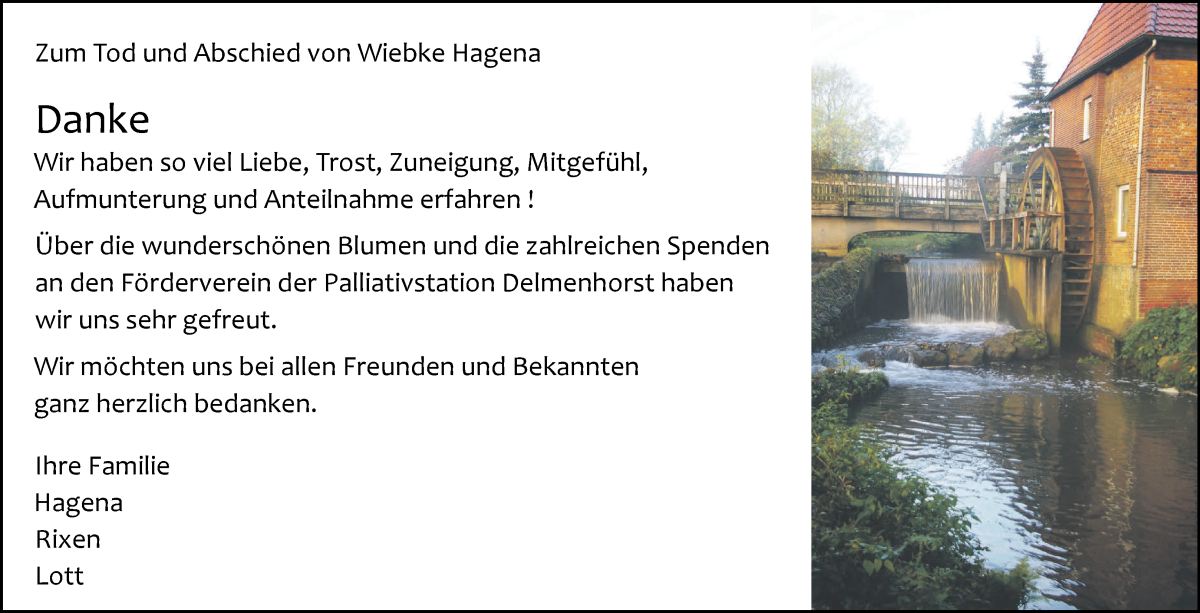 Traueranzeige von Wiebke Hagena von Delmenhorster Kurier
