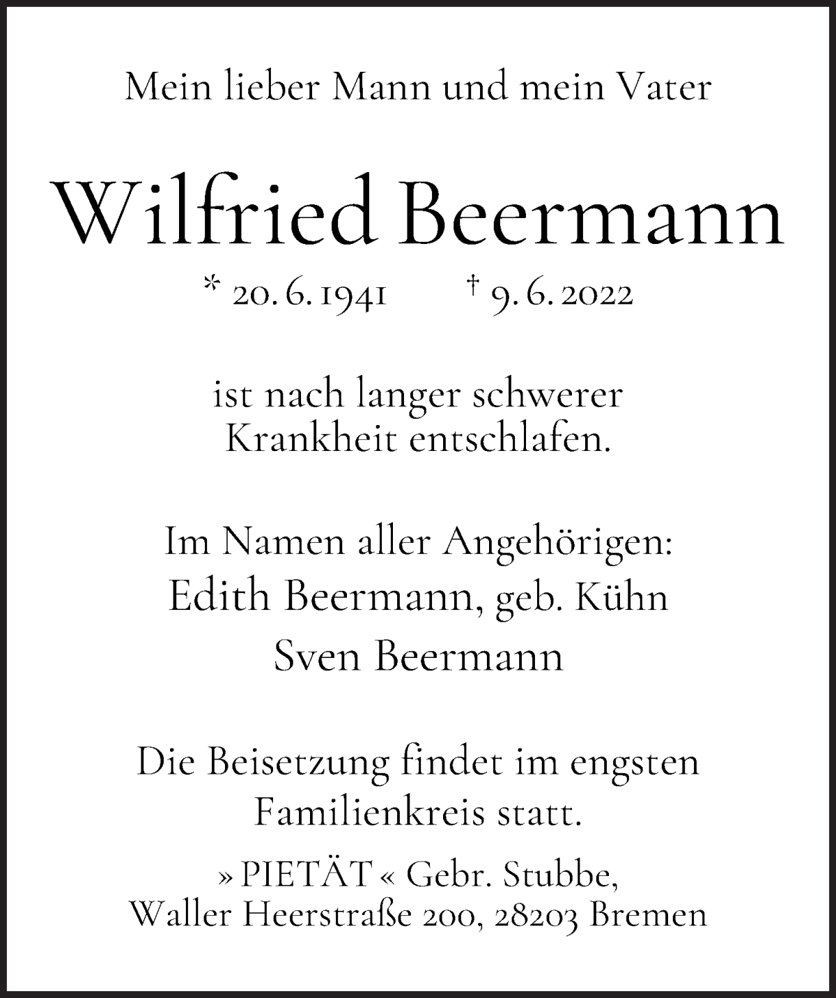 Traueranzeige von Wilfried Beermann von WESER-KURIER