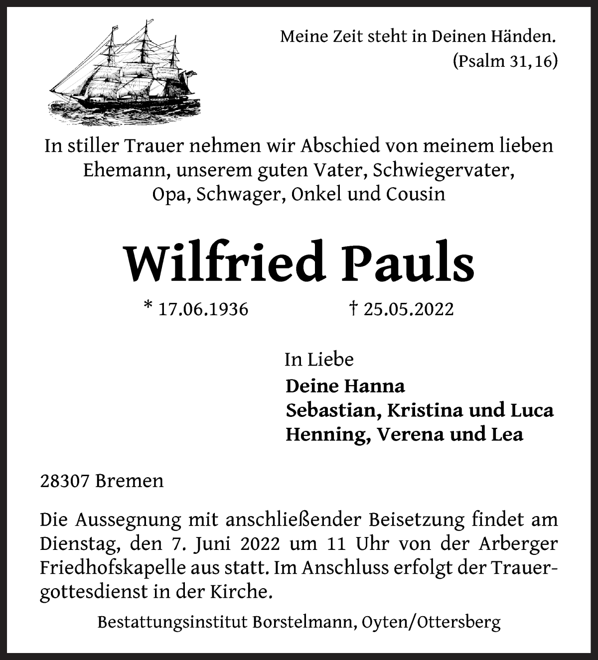 Traueranzeige von Wilfried Pauls von WESER-KURIER