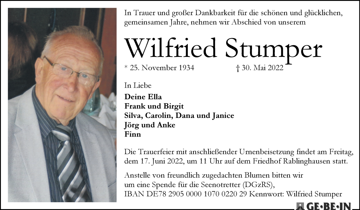 Traueranzeige von Wilfried Stumper von WESER-KURIER