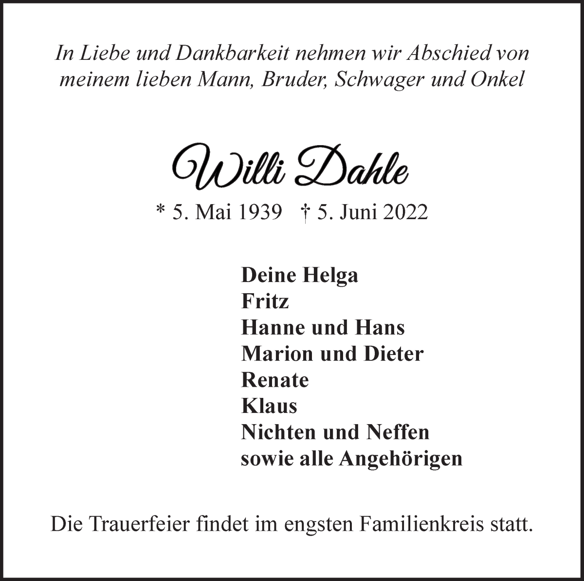 Traueranzeige von Willi Dahle von WESER-KURIER