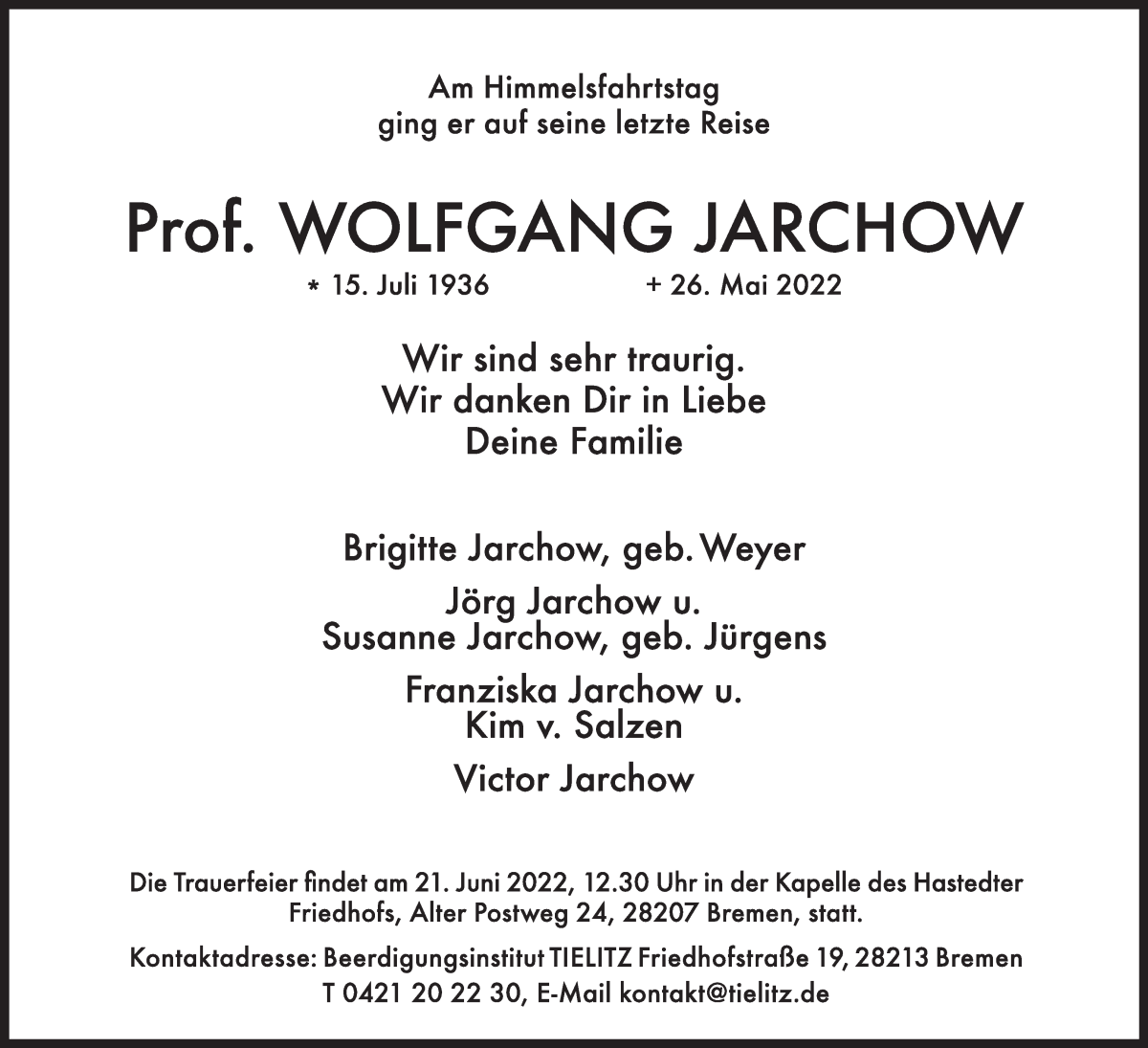 Traueranzeige von Wolfgang Jarchow von WESER-KURIER