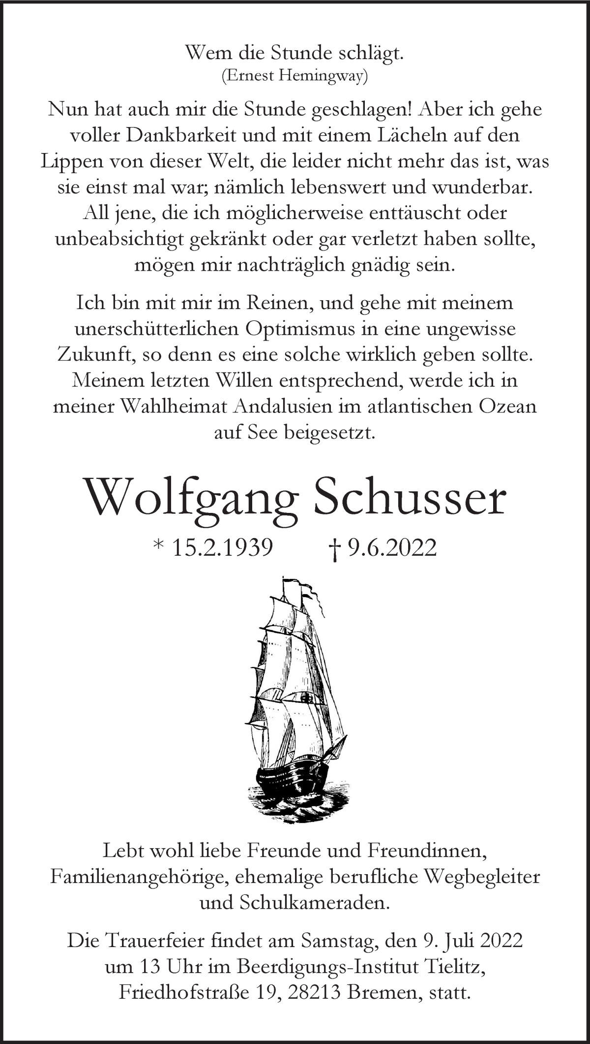 Traueranzeige von Wolfgang Schusser von WESER-KURIER