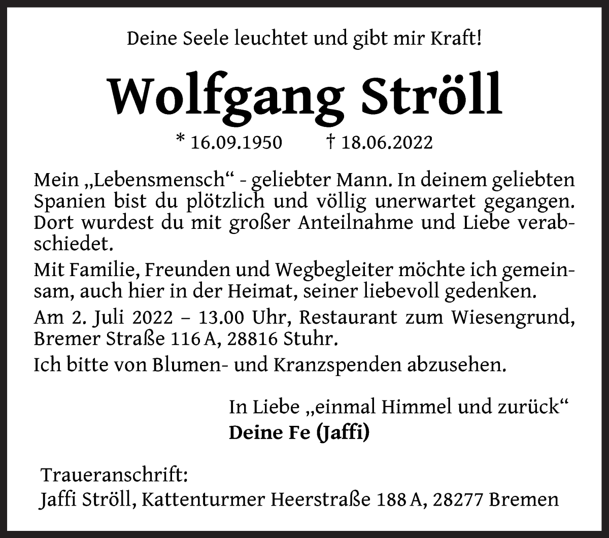 Traueranzeige von Wolfgang Ströll von WESER-KURIER