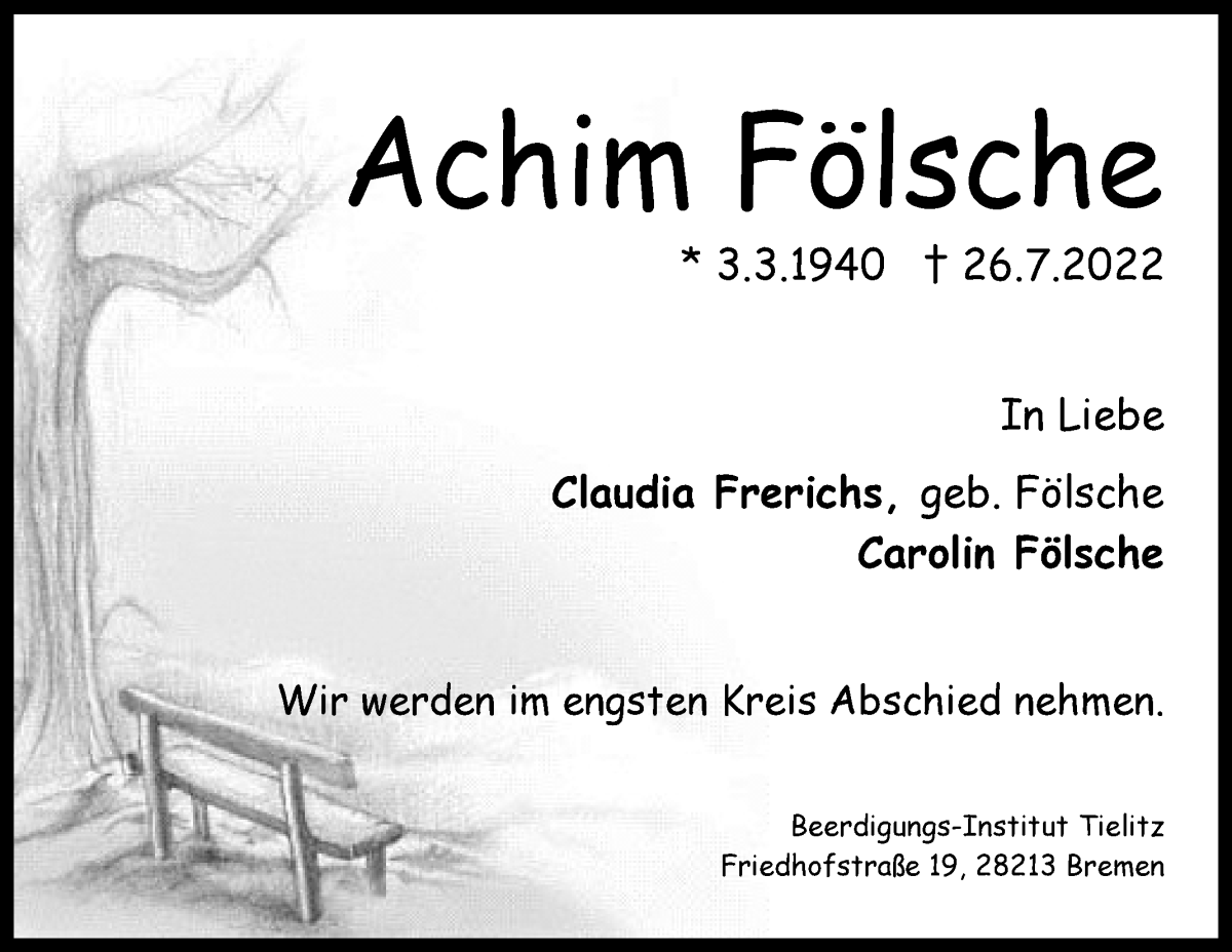 Traueranzeige von Achim Fölsche von WESER-KURIER