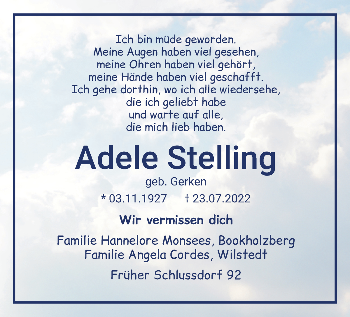 Traueranzeige von Adele Stelling von Wuemme Zeitung