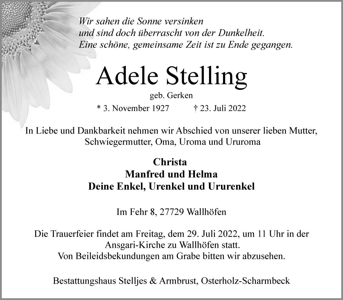 Traueranzeige von Adele Stelling von Osterholzer Kreisblatt