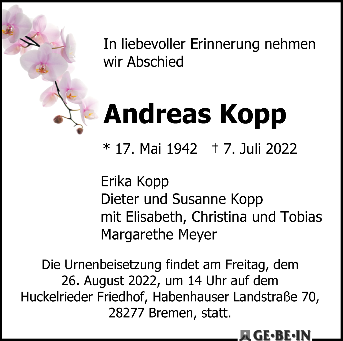 Traueranzeige von Andreas Kopp von WESER-KURIER