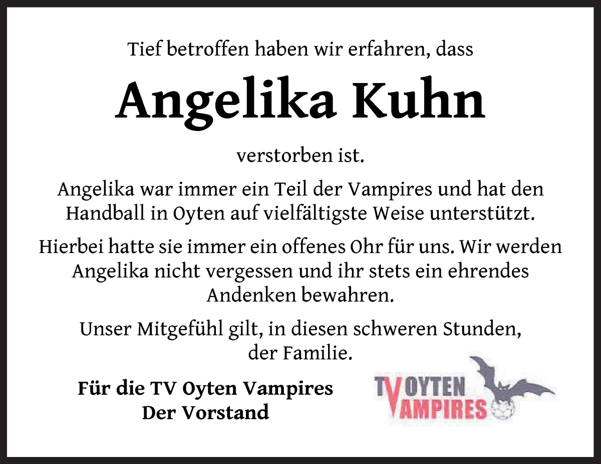 Traueranzeige von Angelika Kuhn von Achimer Kurier/Verdener Nachrichten